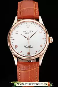 Rolex Cellini White Dial Arabic Numerals Rose Gold Case Light Brown Leather Strap En121614