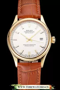 Rolex Datejust White Dial Gold Case Light Brown Leather Strap En121615