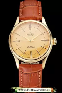 Rolex Cellini Gold Dial Roman Numerals Gold Case Light Brown Leather Strap En121619