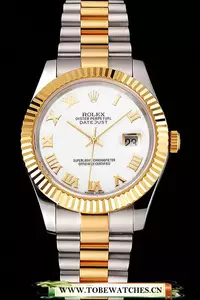 Rolex Datejust White Dial Roman Numerals Gold Bezel Stainless Steel Case Two Tone Bracelet En122512