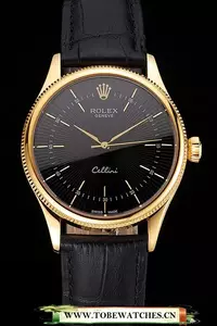 Rolex Cellini Black Dial Gold Markings Gold Case Black Leather Strap En121606
