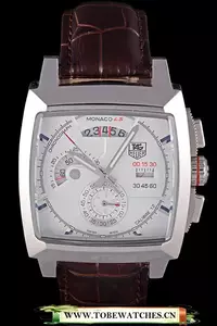 Tag Heuer Monaco Brushed Stainless Steel Case White Dial Brown Leather Strap En58247