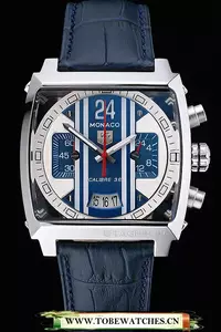 Tag Heuer Monaco 24 Calibre 36 Chronograph Blue And Grey Stripes Dial Blue Leather Strap En60169
