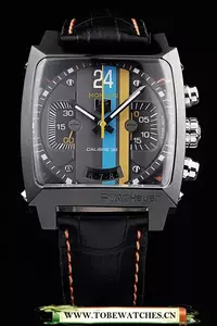 Tag Heuer Monaco Black Leather Strap Blue Yellow Striped Black Dial En58075