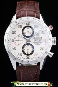 Tag Heuer Carrera Tachymeter Bezel Dark Brown Leather Strap White Dial En58077