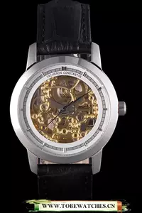 Vacheron Constantin White Skeleton Watch With Rose Silver Bezel And Black Leather Strap En117633