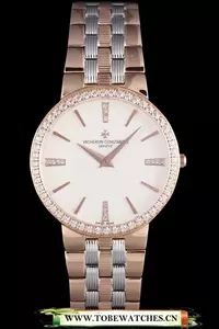 Vacheron Constantin Patrimony Traditionnelle White Dial Rose Gold Diamond Case Two Tone Bracelet En74612