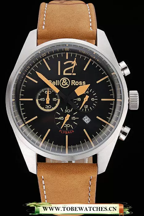 Bell And Ross BR126 Flyback Black Dial Silver Case Gold Numerals Brown Suede Leather Strap En121198