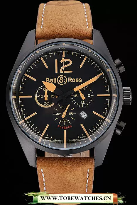 Bell And Ross BR126 Flyback Black Dial Black Case Gold Numerals Brown Suede Leather Strap En121201