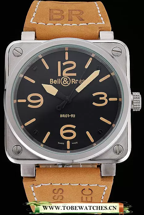 Bell And Ross BR 01 92 Black Dial Silver Case Gold Numerals Brown Leather Strap En121204
