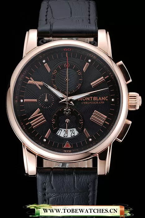Montblanc Chronograph Black Dial Black Leather Bracelet Rose Gold Case En125117