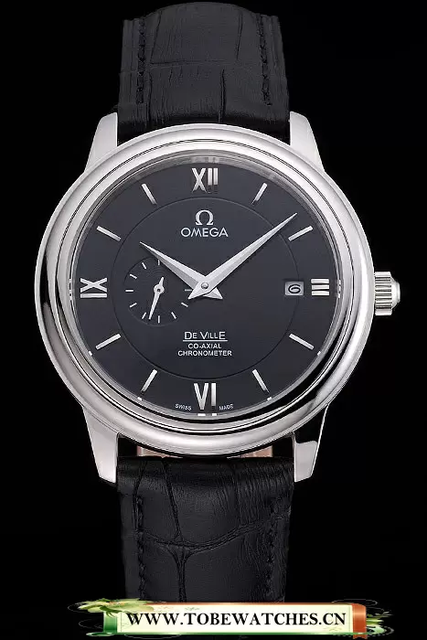 Omega De Ville Prestige Co Axial Black Dial Silver Case Black Leather Strap Roman Numeral En121237