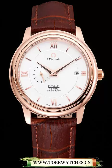 Omega De Ville Prestige Co Axial White Dial Rose Gold Case Brown Leather Strap Roman Numeral En121240