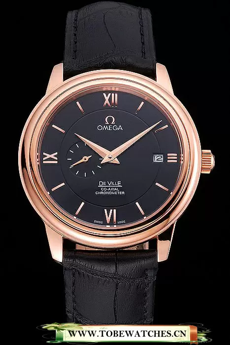 Omega De Ville Prestige Co Axial Black Dial Rose Gold Case Black Leather Strap Roman Numeral En121241