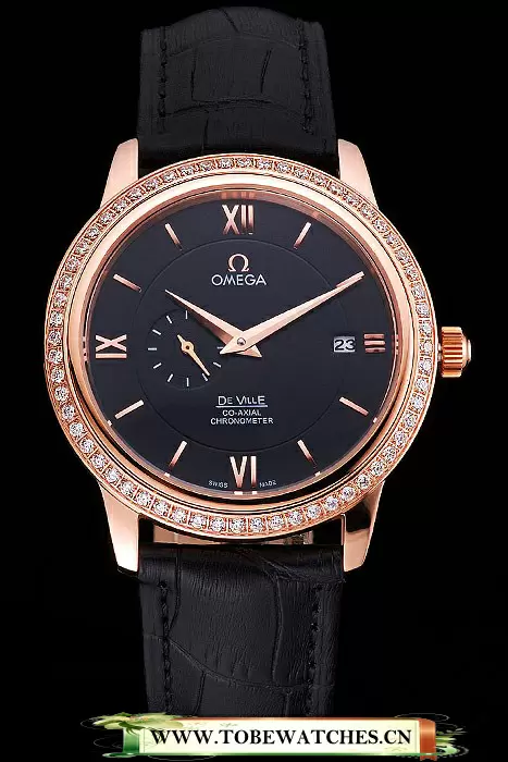 Omega De Ville Prestige Co Axial Black Dial Rose Gold Diamond Case Black Leather Strap Roman Numeral En121246