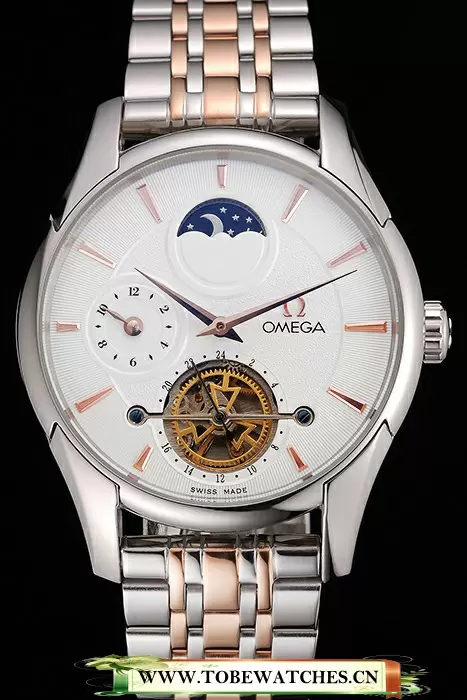 Omega De Ville Moonphase Tourbillon White Dial Stainless Steel Case Two Tone Steel Rose Gold Bracelet En122945