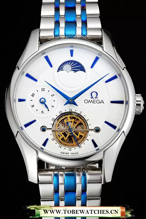 Omega De Ville Moonphase Tourbillon White Dial Stainless Steel Case Two Tone Steel Blue Bracelet En122946