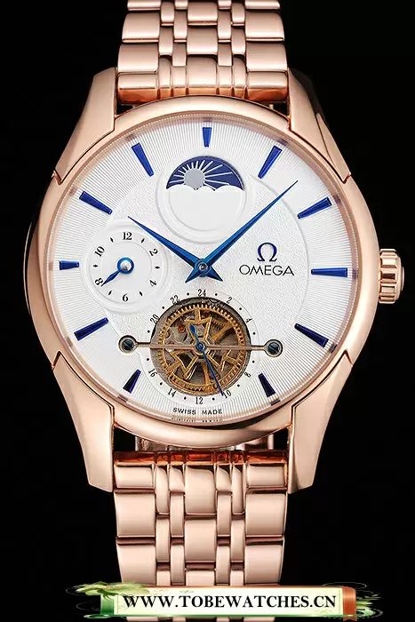 Omega De Ville Moonphase Tourbillon White Dial Blue Hands Rose Gold Case And Bracelet En122949
