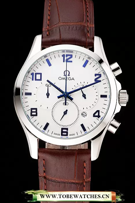 Omega Chronograph White Dial Blue Numerals Stainless Steel Case Brown Leather Strap En123351