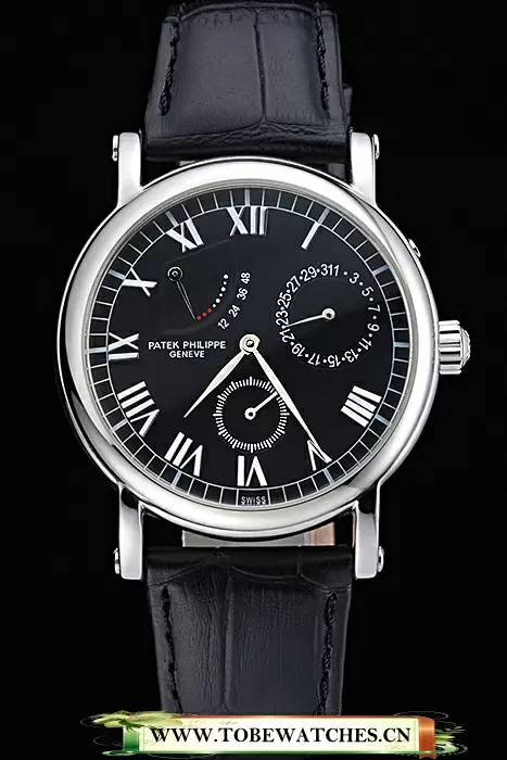 Patek Philippe Geneve Complications Black Dial Stainless Steel Bezel Black Leather Band En118592