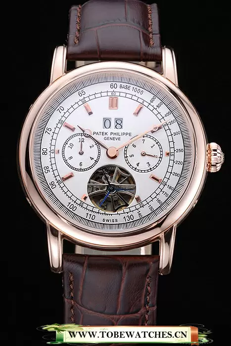 Patek Philippe Geneve Grand Complications White Dial Tourbillon Rose Gold Bezel Brown Band En118607