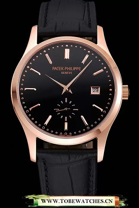 Patek Philippe Calatrava Black Dial Rose Gold Case Black Leather Strap En120805