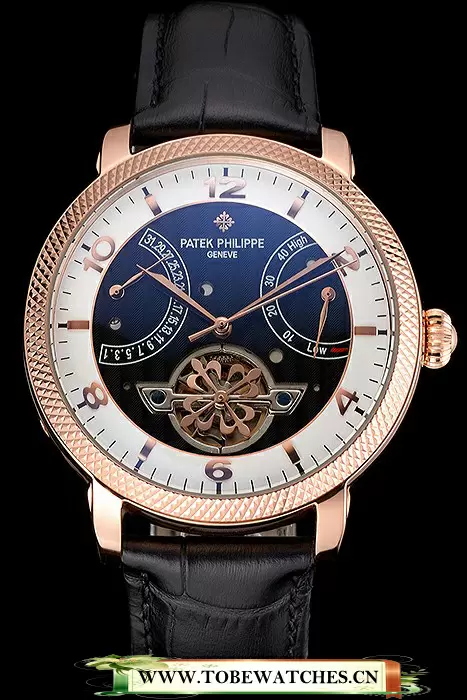 Patek Philippe Classic Tourbillon Power Reserve Black And White Dial Rose Gold Case Black Leather Strap En121077