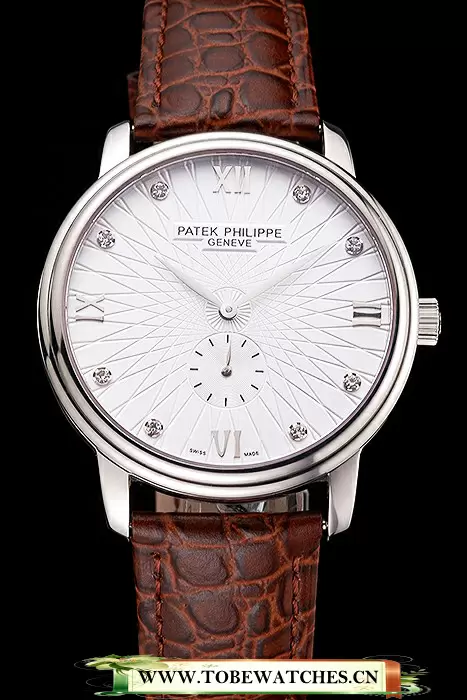 Patek Philippe Calatrava Date White Embossed Dial Stainless Steel Case Brown Leather Strap En121954