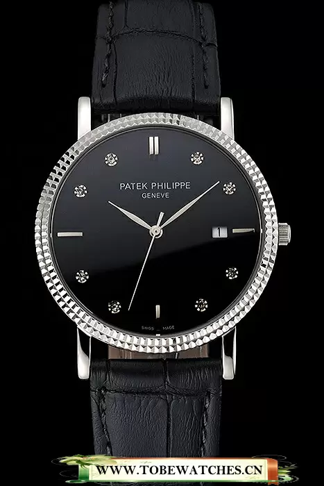 Patek Philippe Calatrava Black Dial Diamond Hour Marks Ribbed Bezel Stainless Steel Case Black Leather Strap En122468