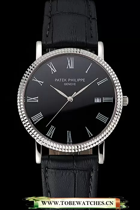 Patek Philippe Calatrava Black Dial Roman Numerals Ribbed Bezel Stainless Steel Case Black Leather Strap En122475
