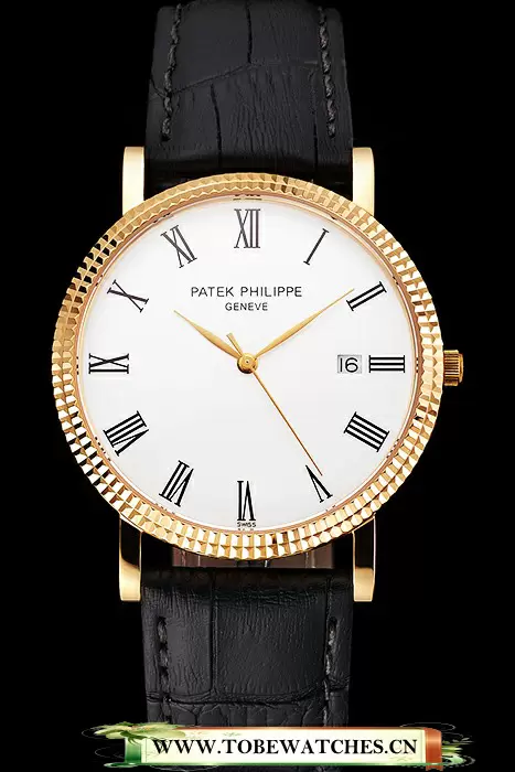 Patek Philippe Calatrava White Dial Roman Numerals Ribbed Bezel Gold Case Black Leather Strap En122487