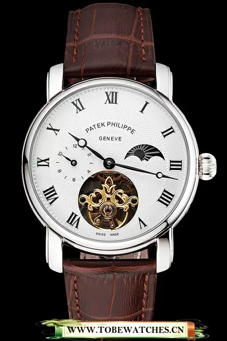 Patek Philippe Complications Moonphase Tourbillon White Dial Stainless Steel Case Brown Leather Strap En122617