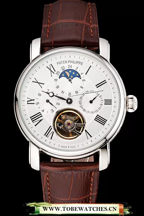 Patek Philippe Grand Complications Moonphase Perpetual Calendar Tourbillon White Dial Stainless Steel Case Brown Leather Strap En122621