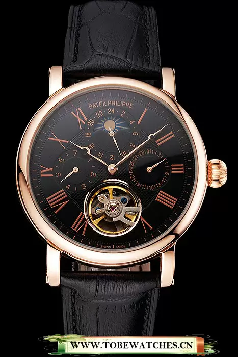 Patek Philippe Grand Complications Moonphase Perpetual Calendar Tourbillon Black Dial Rose Gold Case Black Leather Strap En122624