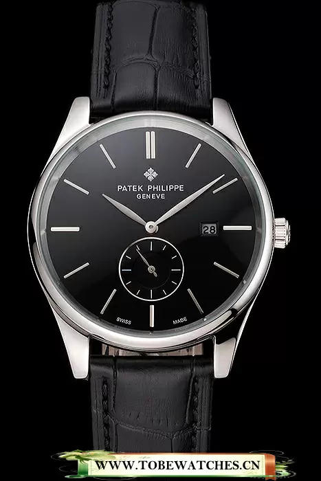 Patek Philippe Calatrava Date Black Dial Stainless Steel Case Black Leather Strap En122627