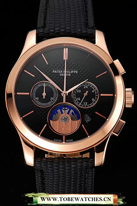 Patek Philippe Chronograph Black Dial Rose Gold Case Black Leather Strap En123380
