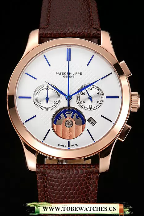 Patek Philippe Chronograph White Dial Rose Gold Case Brown Leather Strap En123383