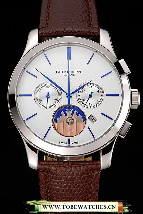 Patek Philippe Chronograph White Dial Blue Hands Stainless Steel Case Brown Leather Strap En123384