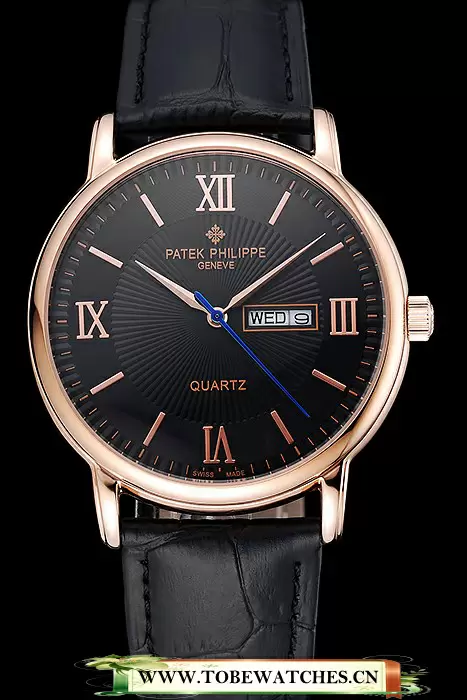 Patek Philippe Calatrava Black Dial Gold Case Black Leather Bracelet En124898
