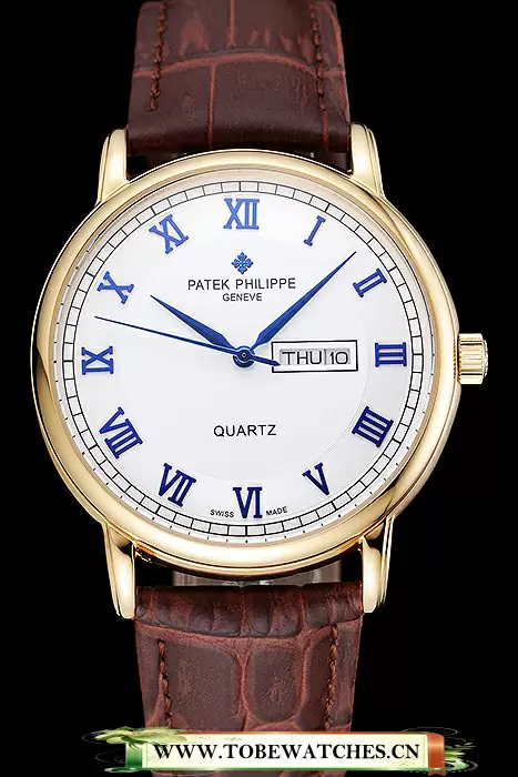 Patek Philippe Calatrava White Dial Blue Roman Numerals Gold Case Brown Leather Bracelet En124901