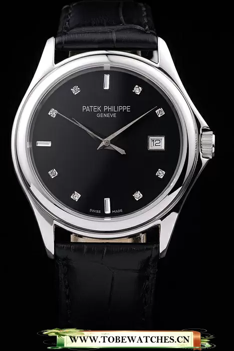 Patek Philippe Geneve Calatrava Crystal Studded Hour Marker Black Dial Black Leather Strap En59182