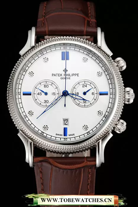 Patek Philippe Chronograph White Dial With Diamond And Blue Markings Stainless Steel Case Brown Leather Strap En122957