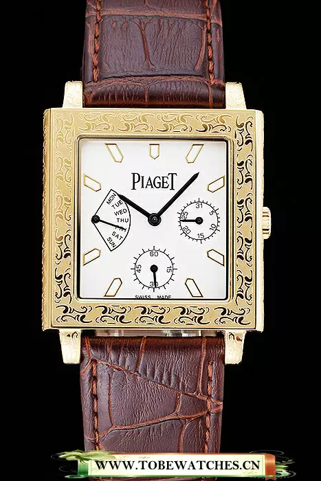 Piaget Emperador Limited Edition White Dial Engraved Gold Case Brown Leather Bracelet En125136