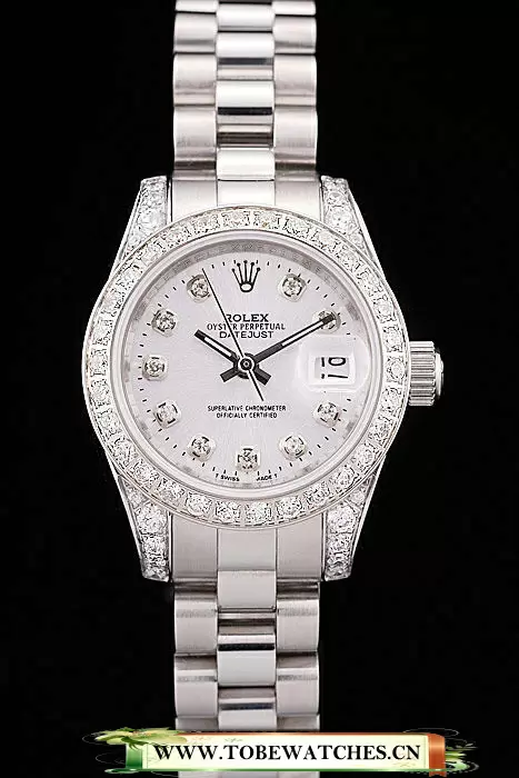 Rolex DateJust Brushed Stainless Steel Diamond Plated Case White Dial Diamond Plated Bezel En58686