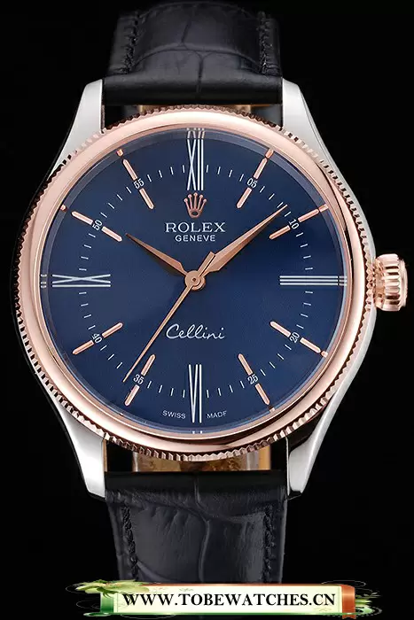 Rolex Cellini Blue Dial Gold Bezel Stainless Steel Case Black Leather Strap En120984