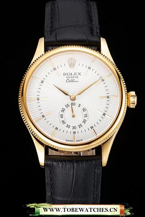 Rolex Cellini White Dial Gold Case Black Leather Strap En121589