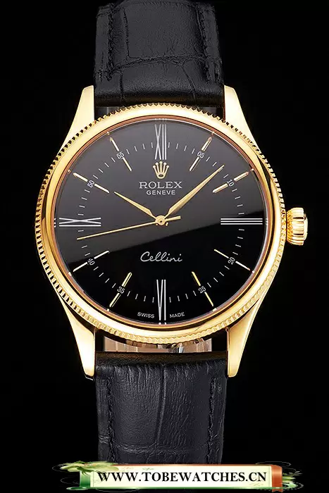 Rolex Cellini Black Dial Roman Numerals Gold Case Black Leather Strap En121607