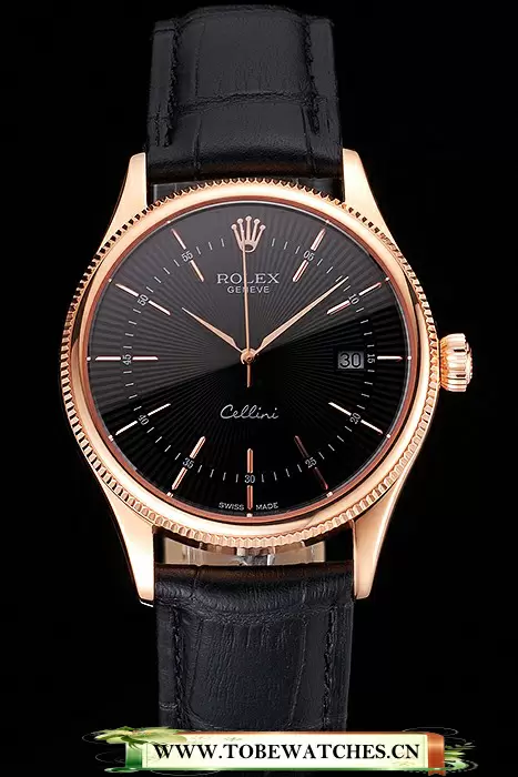 Rolex Cellini Date Black Dial Rose Gold Markings Rose Gold Case Black Leather Strap En121610