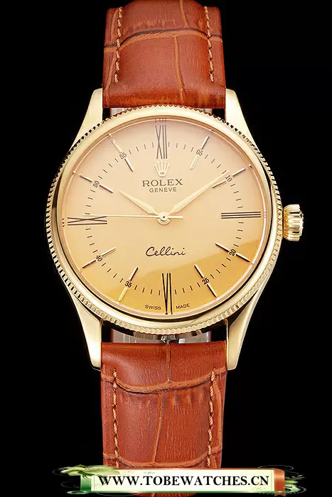 Rolex Cellini Gold Dial Roman Numerals Gold Case Light Brown Leather Strap En121619
