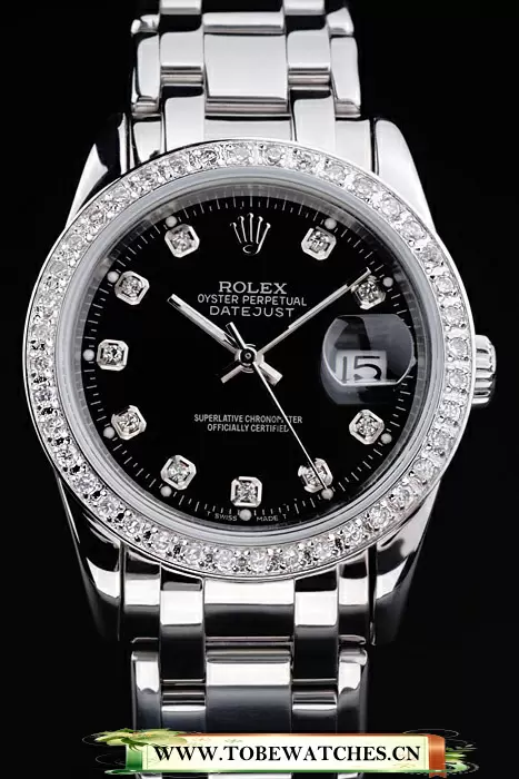 Rolex DateJust Black Dial Diamond Bezel Stainless Steel Bracelet En13601